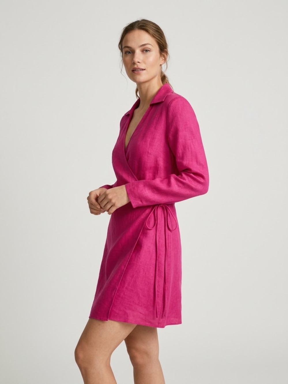 MNG Mango 100% Linen Wrap Mini Dress Shirt Collar Long Sleeve Tie Side Vacation